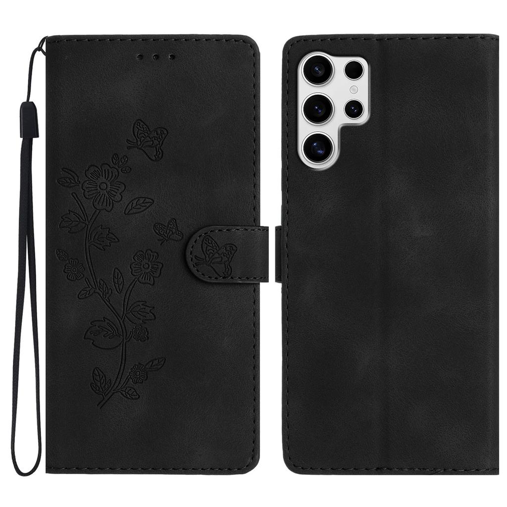 For Samsung Galaxy S25 Ultra Case Leather Imprinted Flower Phone Cover Wallet with Wrist Strap