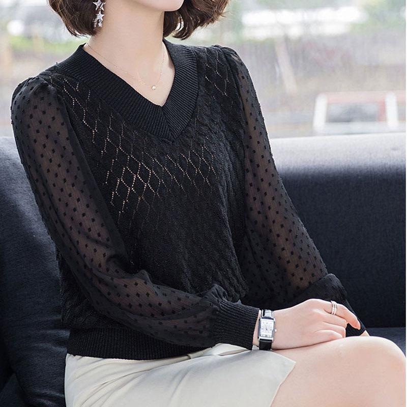 Chiffon Stitching Yarn Sleeve V-neck Sweater Women's Autumn Loose Hollow Thin Sweater Women's Bottoming Shirt
