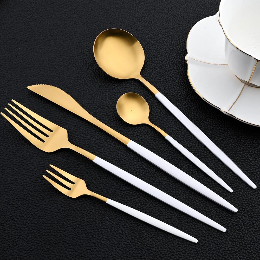30Pcs Dinnerware Set Stainless Steel Flatware Matte Gold Cutlery Set Cake Fruit Fork Kitchen Knife Fork Spoon Tableware Set