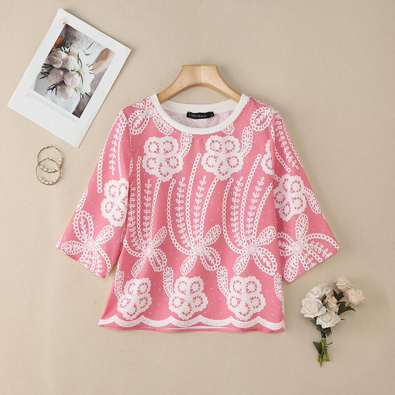 ZANZEA Bluză de vară cu mânecă scurtă și guler rotund pentru femei, casual, cu imprimeu