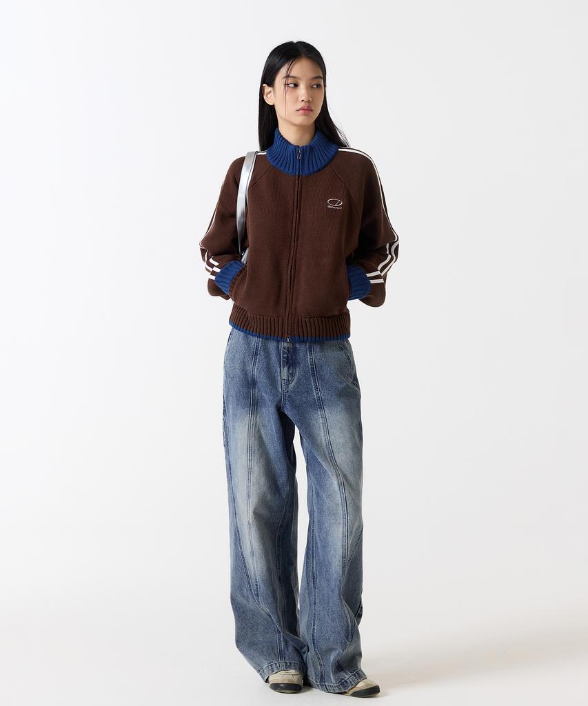 Oddstudio Sporty Track Semi-Crop Knit Zip-Up - Brown