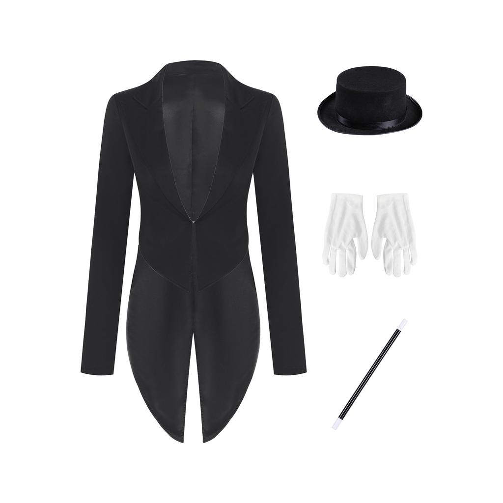 Women Cosplay Magician Tailcoat Jacket Long Sleeve Lapel V Neck Open Front with Hat Gloves Wand for Stage Magic Show