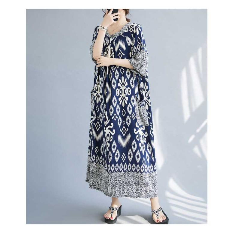 Summer New Temperament V-neck Mid-length Dress Retro Printing Loose Dresses