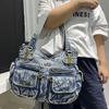 Ladies Vintage Washed Denim Tote Bag Multi Pocket Spice Girl Shoulder Crossbody Bag