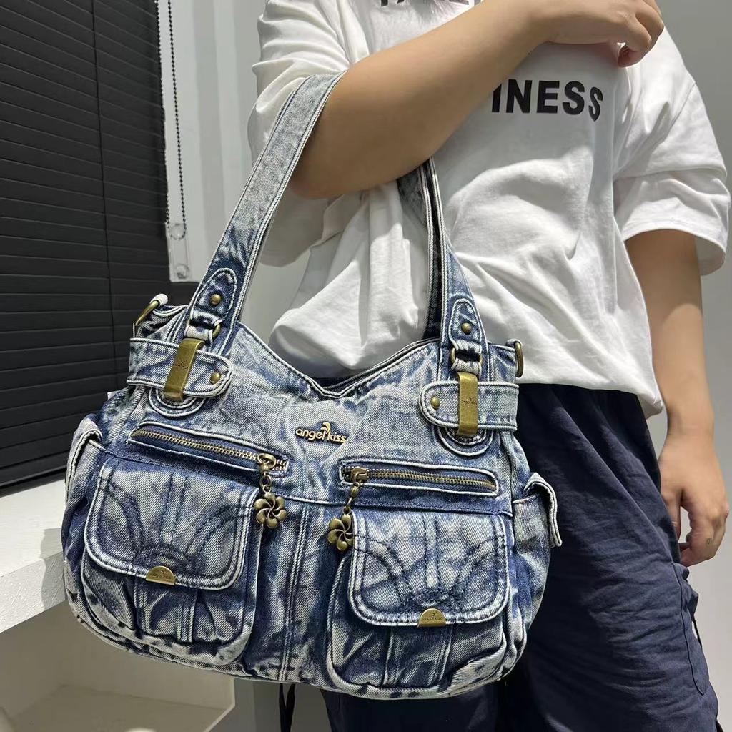Ladies Vintage Washed Denim Tote Bag Multi Pocket Spice Girl Shoulder Crossbody Bag