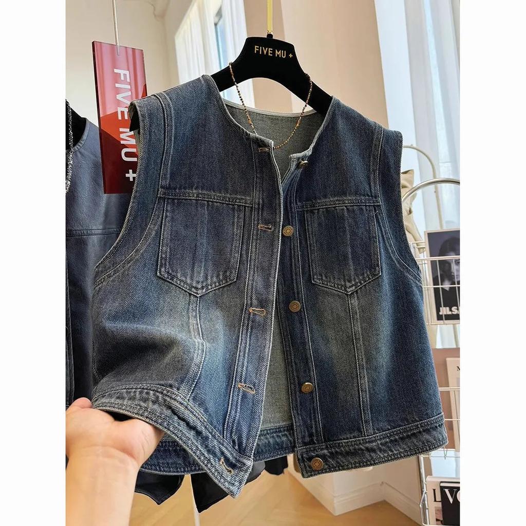 Women's Round Neck Sleeveless Denim Vest Loose Fit Vintage Washed Casual Waistcoat Top