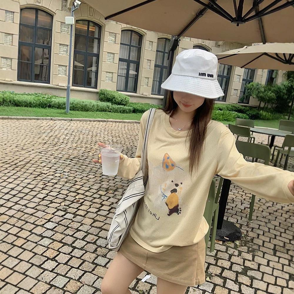 Slack Puppy Print Yellow Long-sleeved T-shirt Women's Summer New Korean Loose Sunscreen Versatile Crew Neck Top