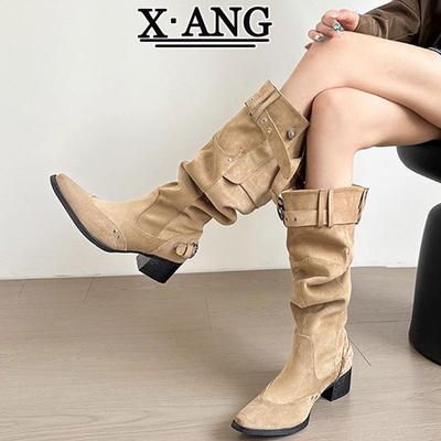 Rindslederversion spitz zulaufender dicker Absatz Hosenstiefel Damen Plüschstiefel Western-Cowboystiefel aber kniehohe Stiefel Ritterstiefel lange Stiefel