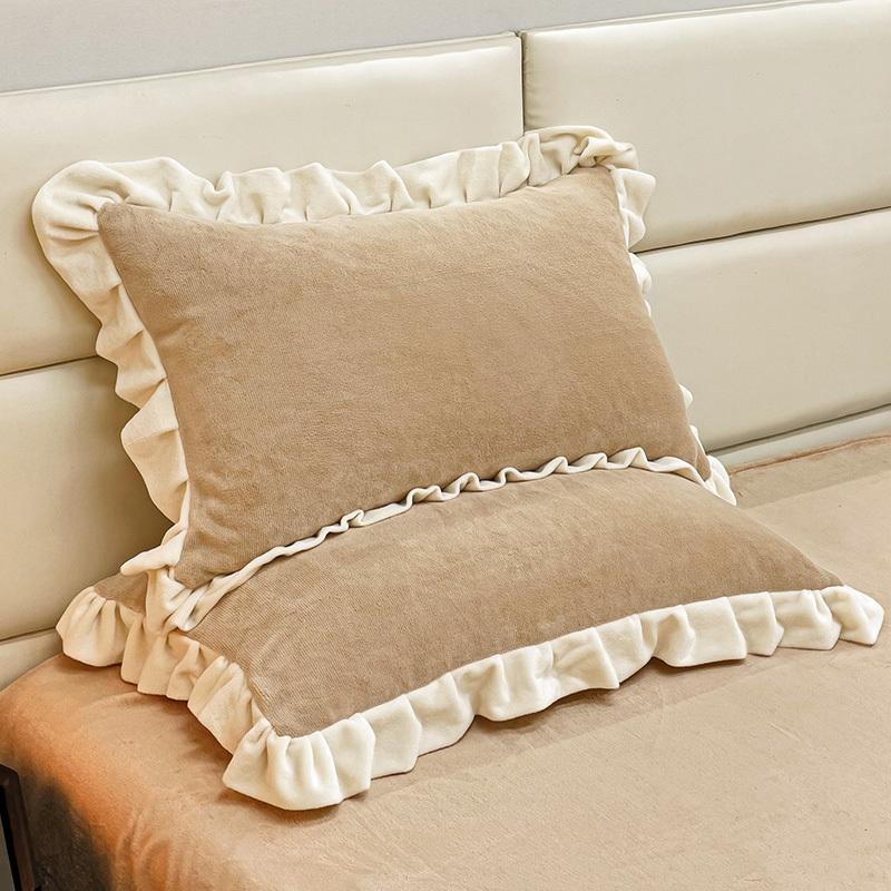 2PCS Winter Milk Fleece Pillowcase Thickened Pair 48x74CM Lace Solid Color Girls Pillowcase