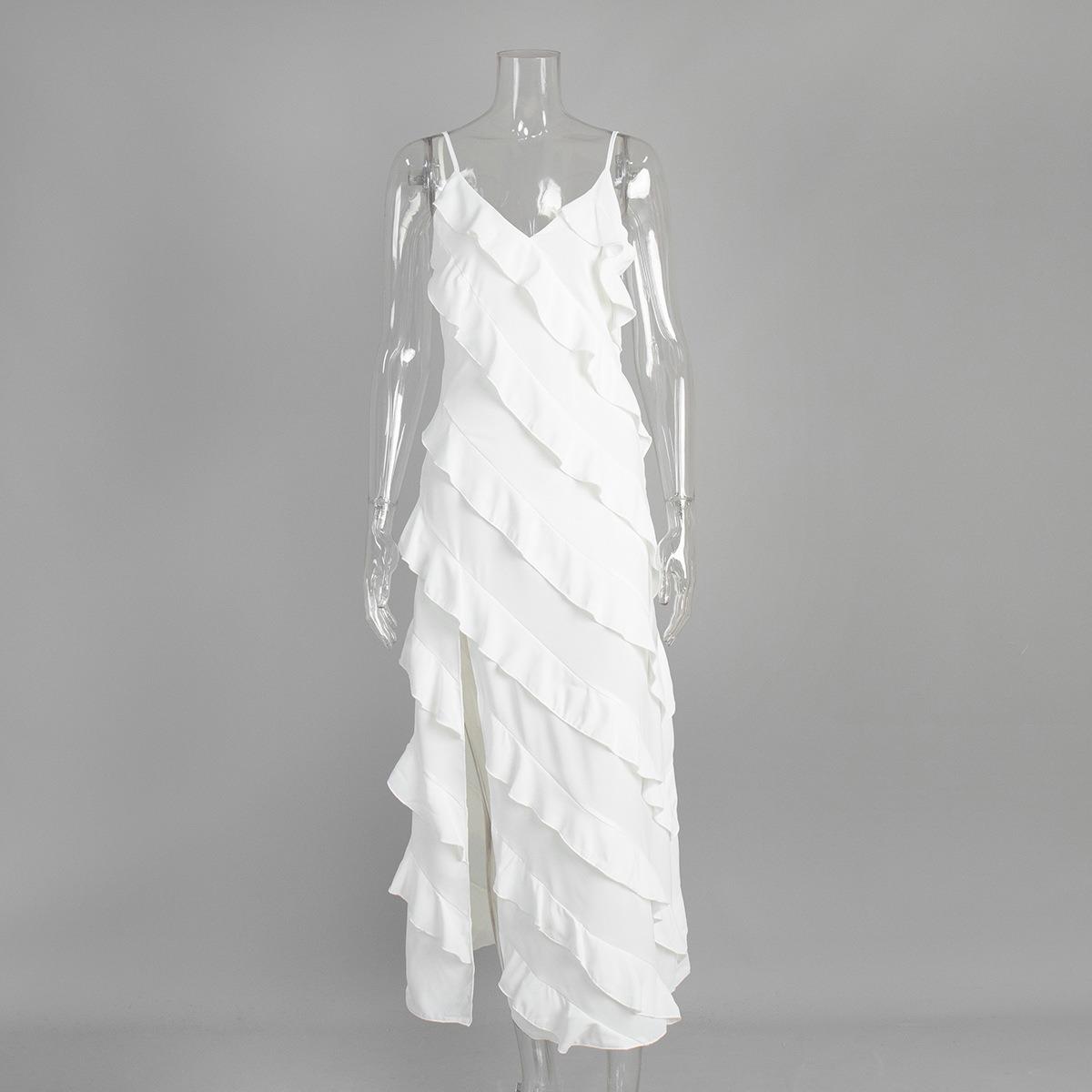 Summer New Patchwork Ruffle Strap Maxi Dress, European American Style Sexy Slit Bodycon Long Dress S белый