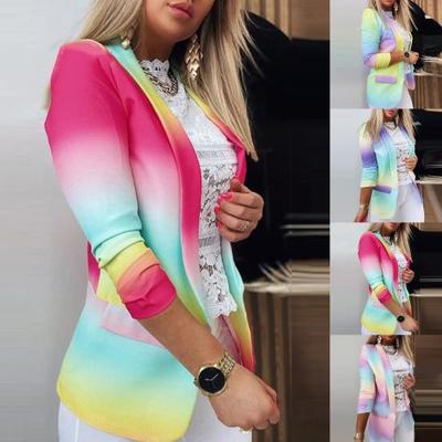 Women Clothes Office Blazer Colorful Print Lapel Long Sleeve Cardigan Suits Coat for Dating