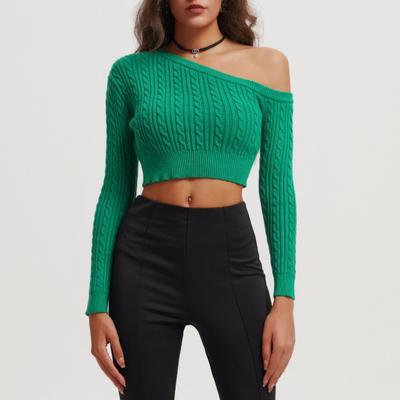 Women's Autumn and Winter Twist Wool Knit Straight Off-the-shoulder Long Sleeve Short Pullover Sweater Top