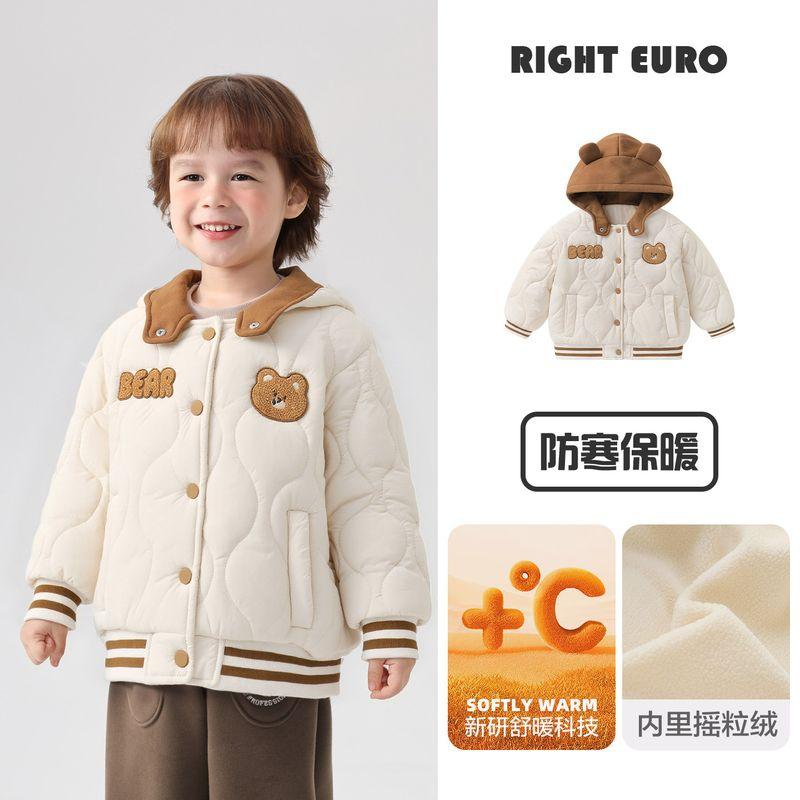 Right European Style Children s Cartoon Bear Fleece-Lined Quilted Cotton Jacket with Hood, Children s Clothing, Baby Toddler Winter Clothing, Warm Beige 140cm