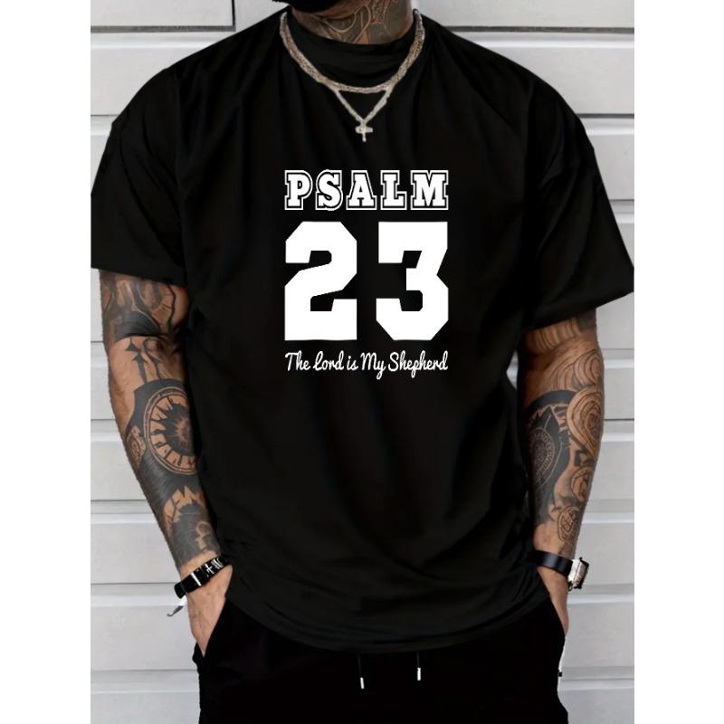 European Size Christmas Men's Casual Fashion "The Lord Is My Shepherd" Psalm Letter Print Short-Sleeve T-Shirt, Regular Fit Crew Neck