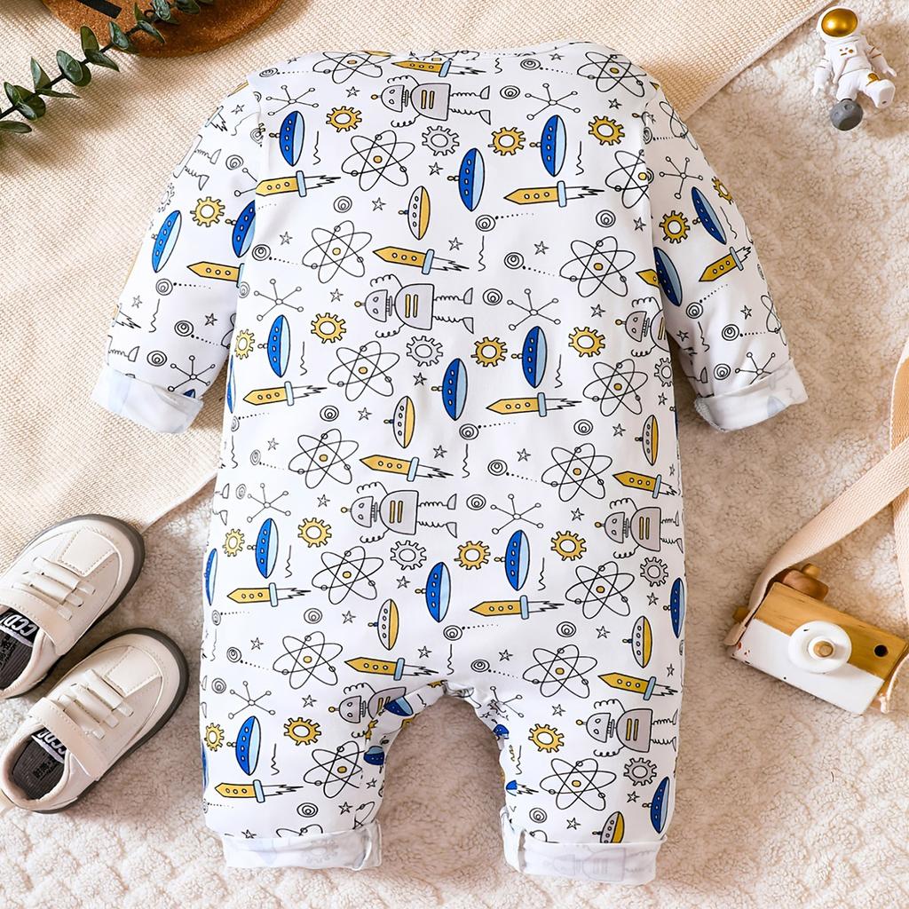 Baby Junge Roboter Cartoon Muster Druck Strampler Langarm Einteiler Jumpsuit