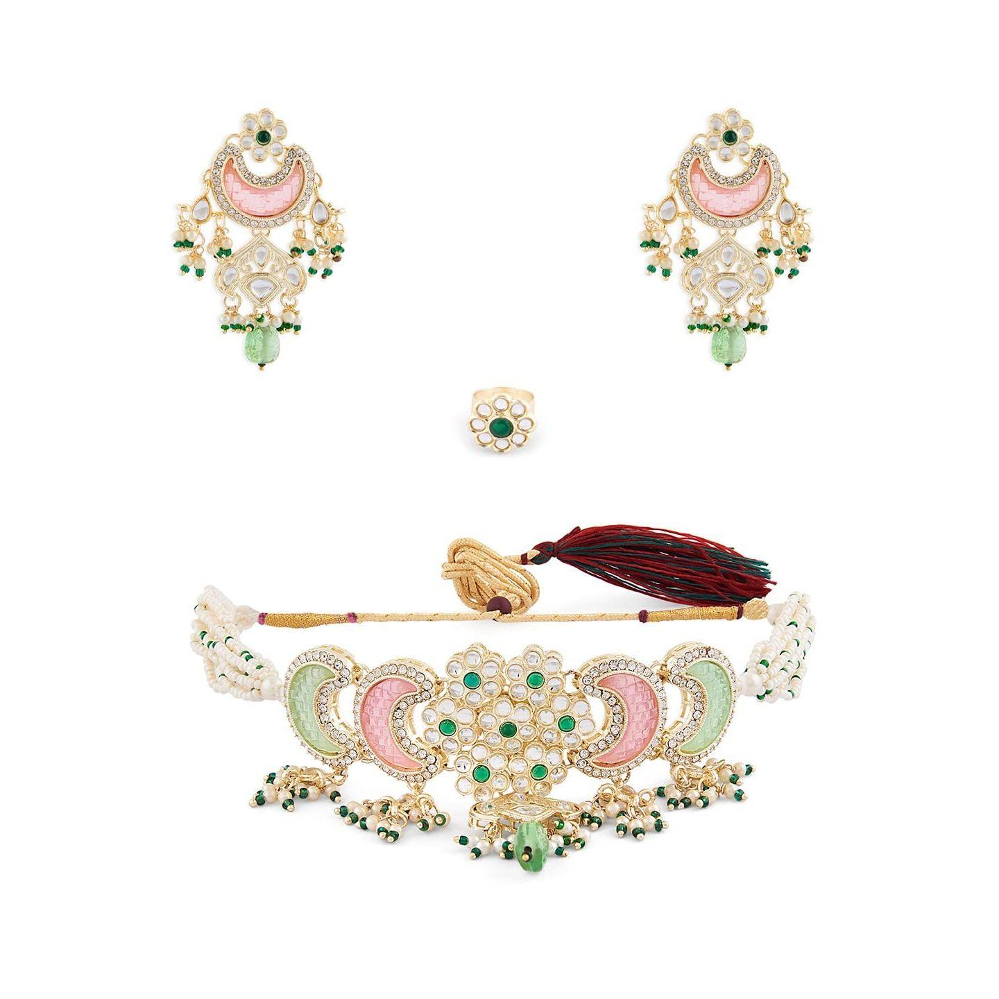 Розово-зеленые бусины с камнями, многорядное колье-колье Kundan, ожерелье, серьги и кольца, набор для женщин