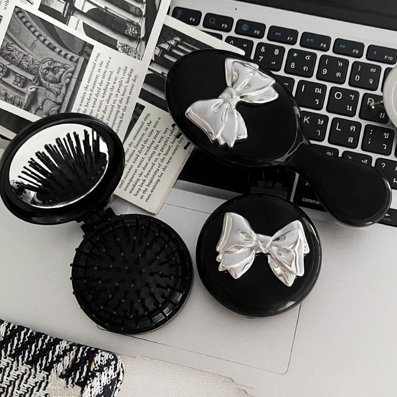 Mini Hair Comb With Mirror Foldable Comb Travel Portable Massage Women Girl Hair Brush Black Boeknot Comb Styling Tools Gift