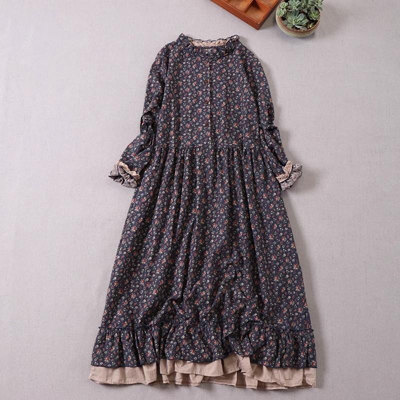 Japanese Mori Girl Art Print Dress Pretty Cotton Linen Spring Women Floral  Dress Loose Long-sleeved  Dress Midi Dress