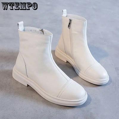 Women's Boots Beige Short Leather Boots Thick Heel Antiskid Side Zipper England Style Pure Color Simple Leisure Spring and Autumn