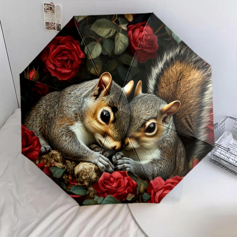 

Squirrel and Rose pattern, automatic folding umbrella, portable and foldable design, 8 ribs, a Christmas or birthday gift.