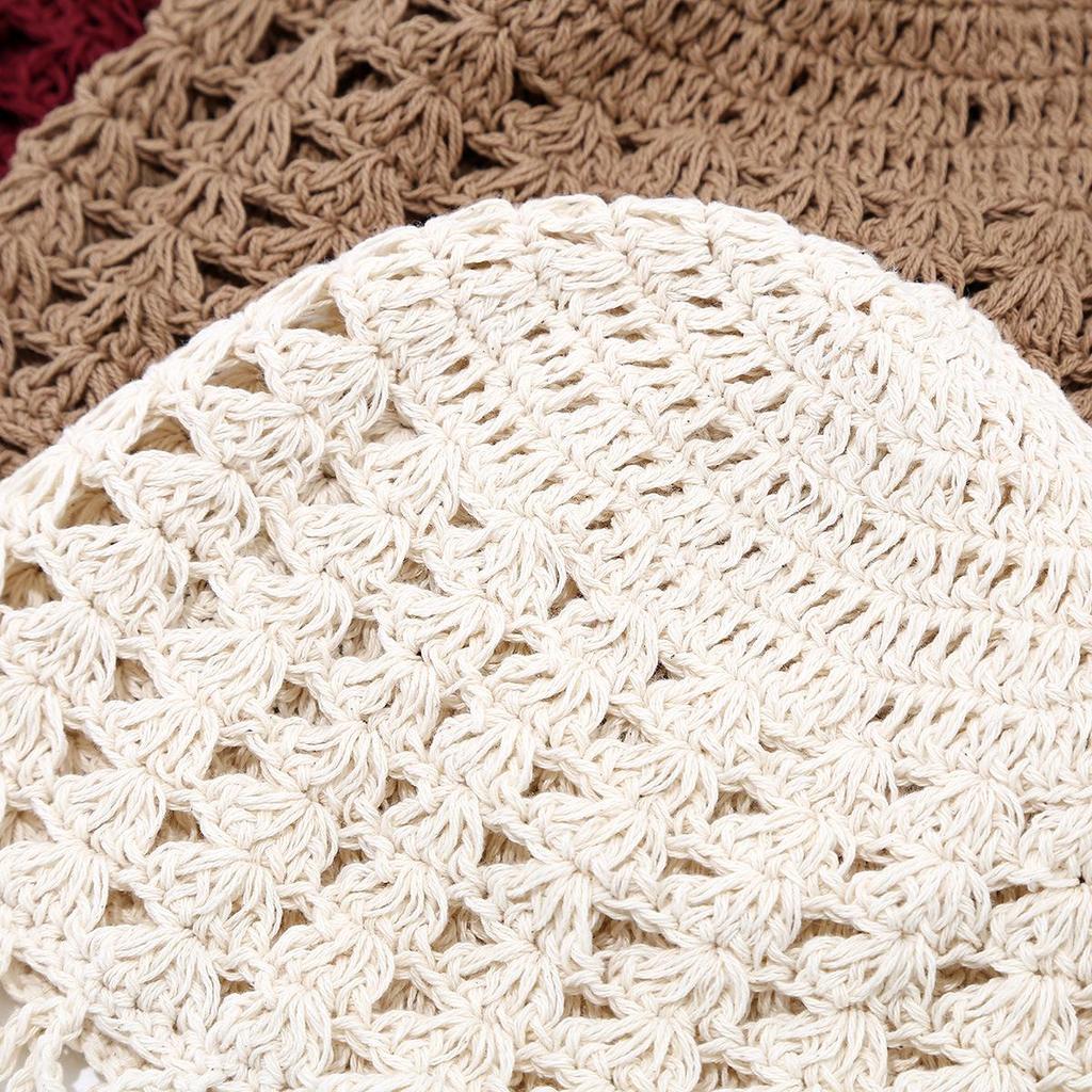 Cappello a secchiello all'uncinetto floreale da donna - Pullover in stile etnico con laccetto a nappa