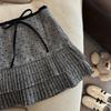 Korean Grey Polka Dot Woolen High-Waisted Mini Skirt with Bow Knot