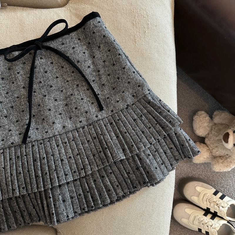 Korean Grey Polka Dot Woolen High-Waisted Mini Skirt with Bow Knot