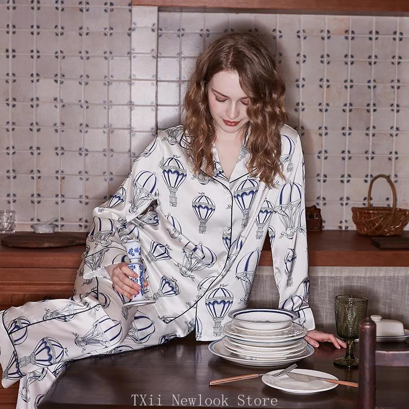 Comfortable Ice Silk Pajamas Women's Lapel Spring and Summer Long Sleeve Home Clothes