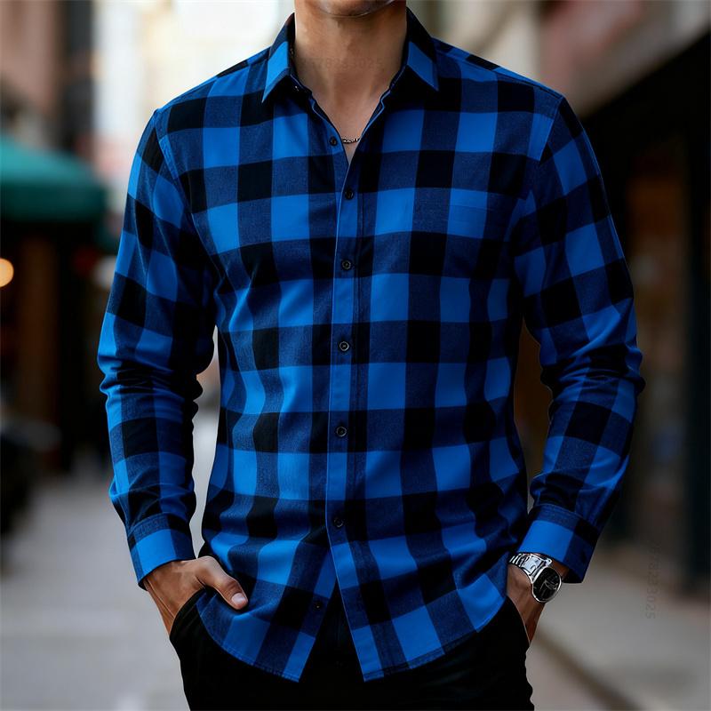 Men's Classic Red and Black Plaid Long-Sleeved Shirt, Available in Multiple Colors, Casual Retro Outdoor Casual Fashion Shirt