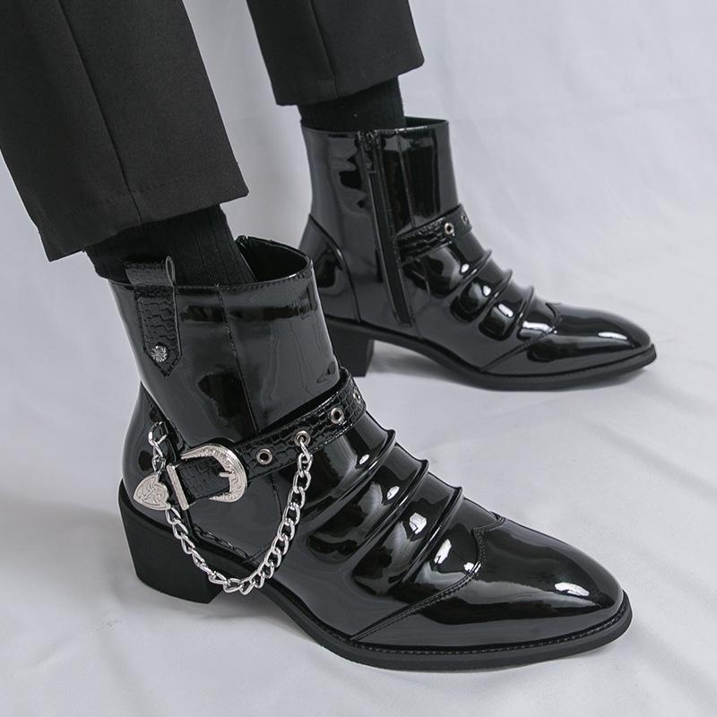 Chelsea Martin Men's High-Top Patent Leather Boots with Pointed Toe, British Style, Zipper, and Height Increasing Feature for Autumn/Winter.