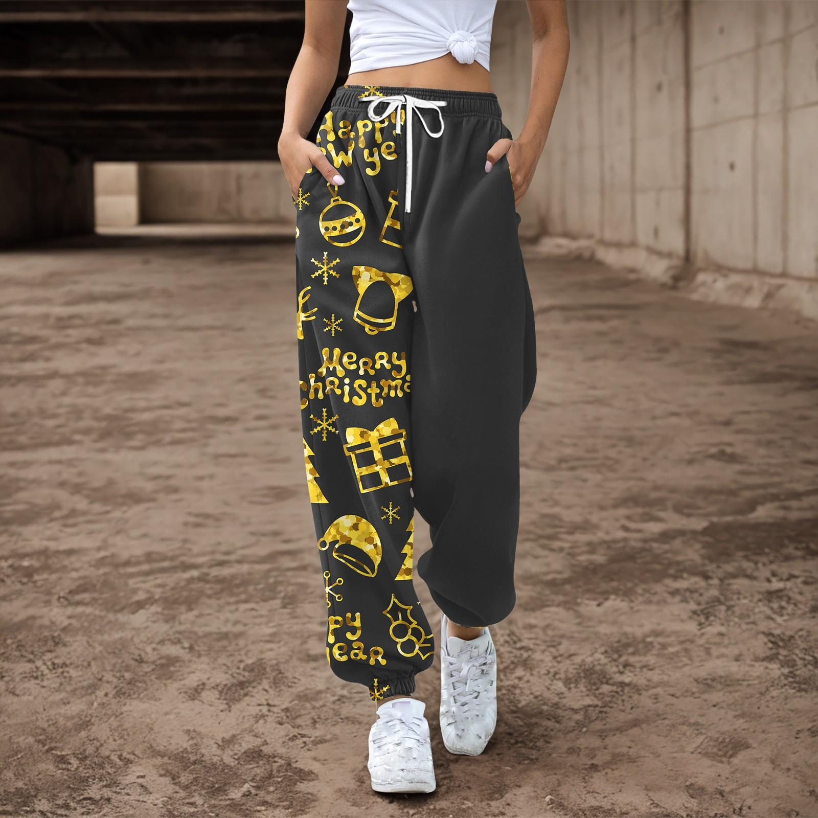 

Женские спортивные штаны, мешковатые, с высокой талией, большие размеры, спортивные штаны с карманами, рождественские принтованные брюки, брюки для женщин S жёлтый