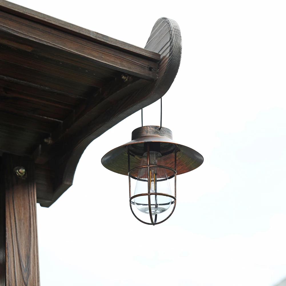 Solar Lantern Lamp Outdoor Hanging Tent Lamp Waterproof Vintage Metal Solar Lights with Tungsten Bulb for Patio Garden Decor
