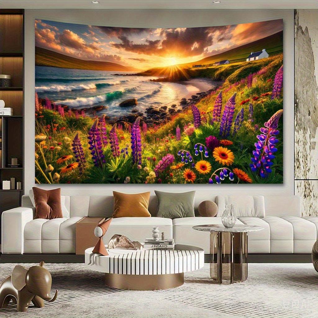 Sunset Beach Tapestry Vibrant Floral Wall Art for Living Room or Bedroom Large Decorative Hanging Add Natures Beauty