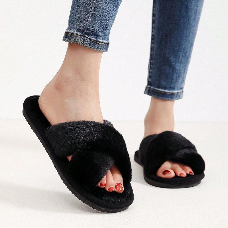 

Пушистые женские тапочки с перекрестными ремешками, тапочки с открытым носком, домашние женские теплые хлопковые тапочки 40-41 чёрный