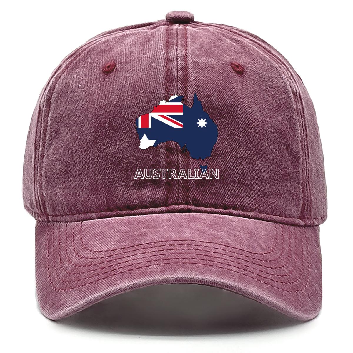 

Map Flag of Australia Print Snapback Baseball Cap, Patriotic Flat Cap Retro Headwear Breathable Sunshade Adjustable Baseball Hat as the picture вина червоного кольору