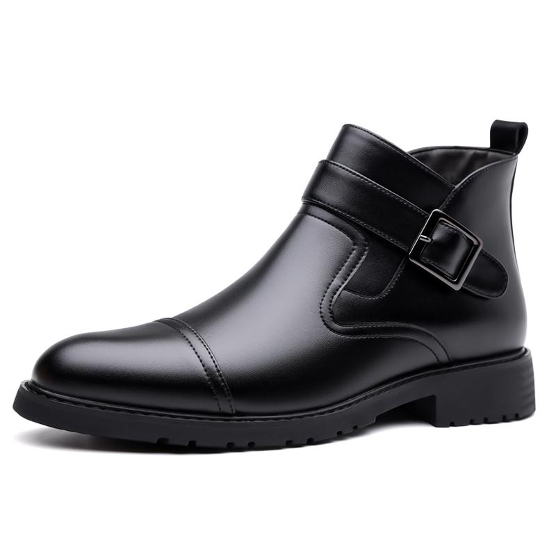 Fashion Casual Leather Male Chelsea Boots Business Mens Botas Comfortable High Top Shoes Fashionable Metal Buckle Ankle Boots Sneakers