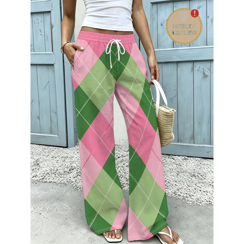 Pink-green checkered women's plus-size wide-leg pants, drawstring elastic waist pants, straight-leg version