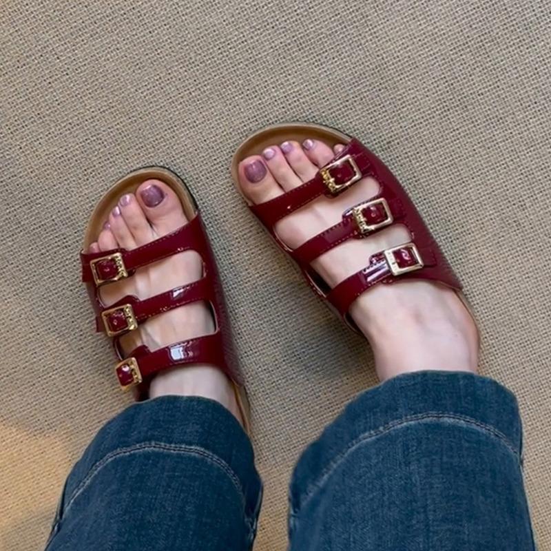 Sheepskin~ Soft-soled slippers women's summer retro belt buckle leather thick-soled women's versatile outer wear cool slippers