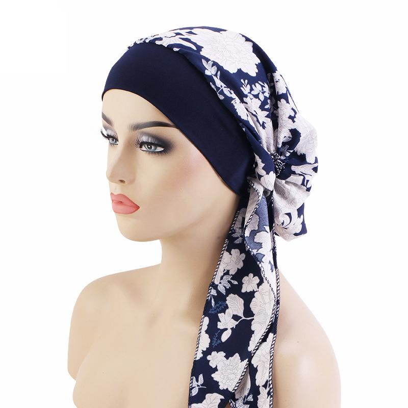 Women Pre-Tied Turban Cap Headscarf Muslim Hijab Cancer Chemo Flower Print Hat Cover Hair Loss Head Scarf Wrap Strech Bandana