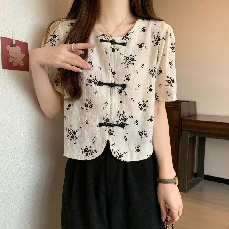 New Chinese Style Floral Short-sleeved Shirt for Women in Summer Slit Short Chiffon Top
