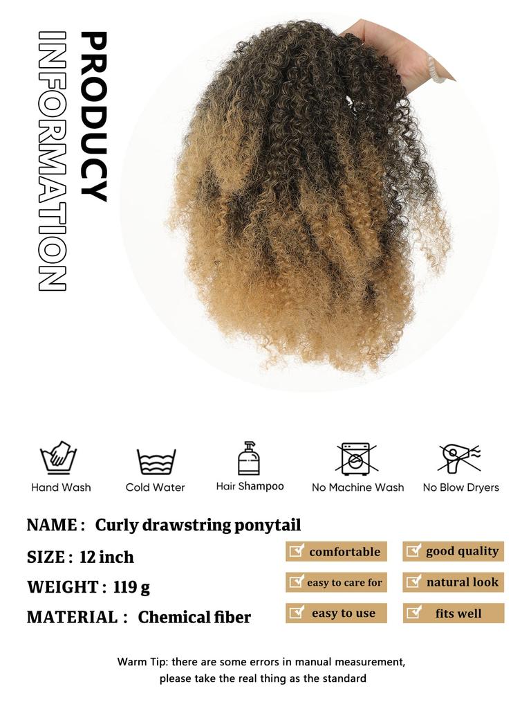 Synthetic Wig 12-inch Short Ponytail Afro Puff Kinky Curly Drawstring Ponytail Clip In Hair Extensions Natural Hairpiece Pony Tail For Women