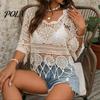 Suéter de Punto Hueco para Mujer, Tops de Ganchillo, Cuello Redondo, Mangas Acampanadas 3/4, Cubierta para el Sol de Verano, Camisa para Superponer, Bohemio