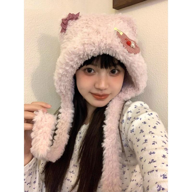 Bonnet d'hiver plus polaire mignon ours en peluche chaud bonnet d'oreille chapeau tricolore pour filles