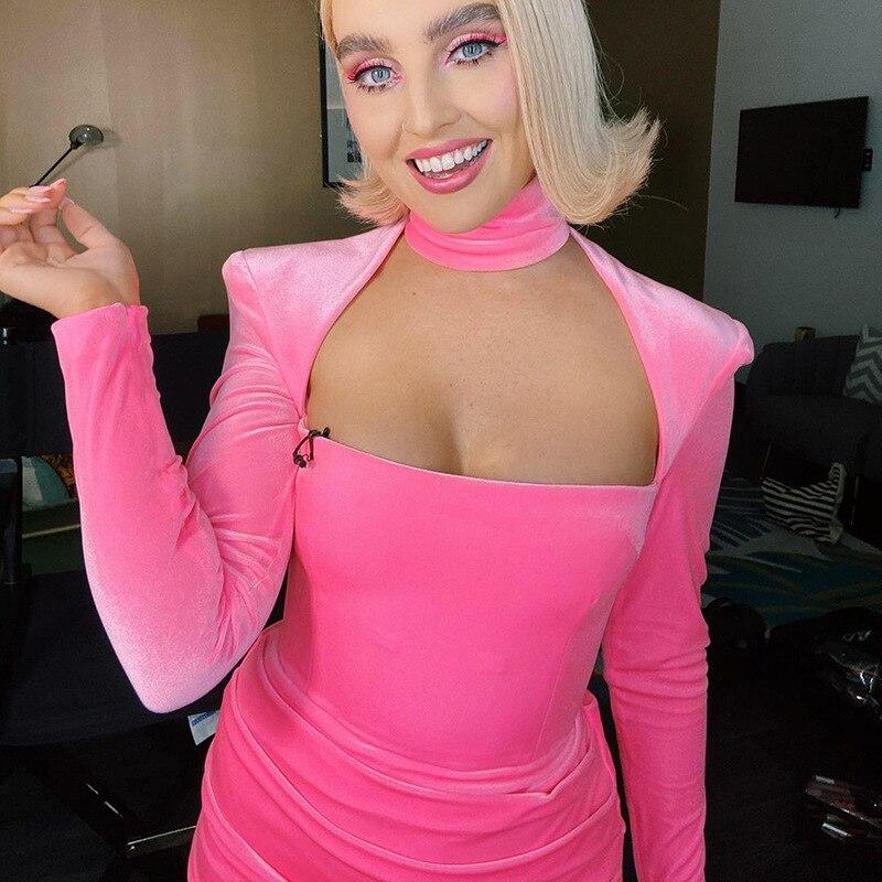 

Hollow Out Pink Dress 2026 Long Sleeve Night Club Party Dress Turtleneck Bodycon Dress Women Shoulder Pad Pleated Dress 19388 L рожевий