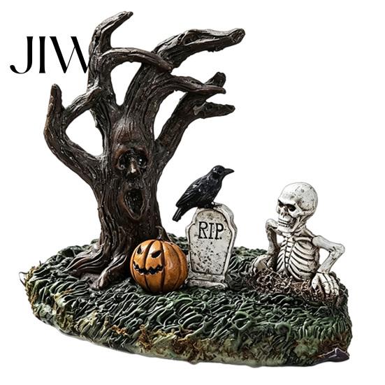 Sun Resistant Gothic Decor Halloween Garden Ornaments, Spooky Cemetery with Resin Skulls Dead Trees Props Pumpkin Raven for Indoor Outdoor Horror