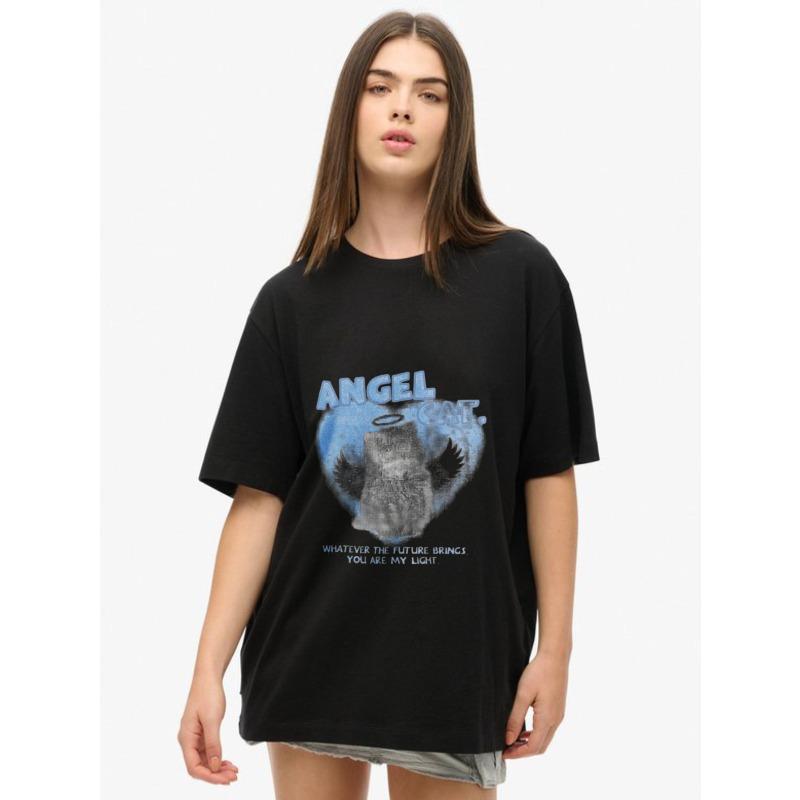 

Женская футболка с коротким рукавом с ретро-потертым принтом ANGEL CAT Ангел-кошка и слоганом с сердечком S чёрный