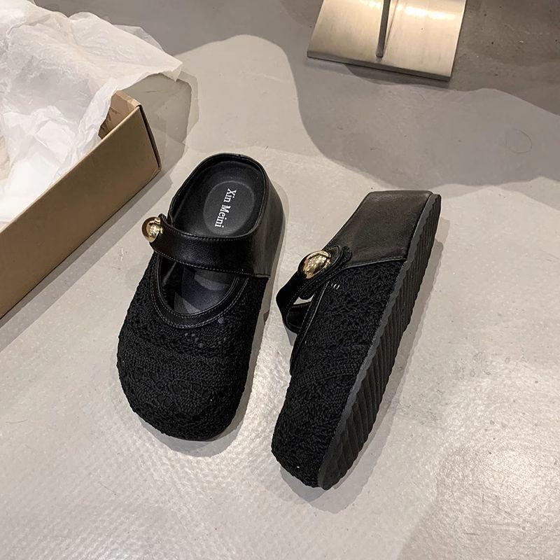 Inner heightening platform princess lace shoes women's 2025 autumn new slippers flat-bottomed sports and leisure mesh breathable semi-drag