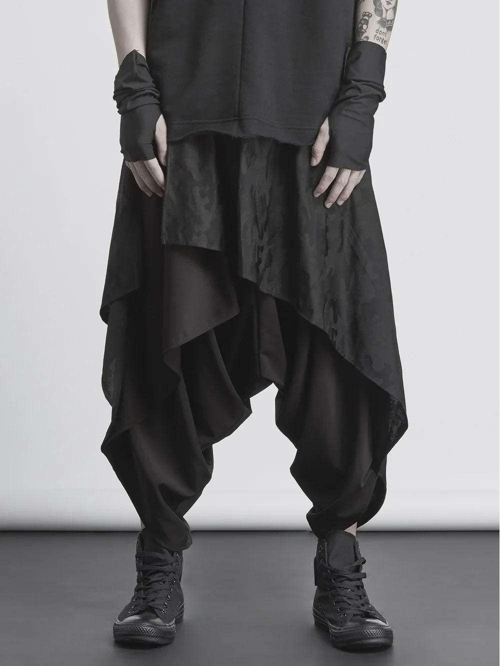 

Мужские черные брюки-шаровары Warrior: Большой размер, стиль Ямамото, нестандартный дизайн юбки, оригинальный нишевый двухкомпонентный с заниженным шаговым швом M чёрный