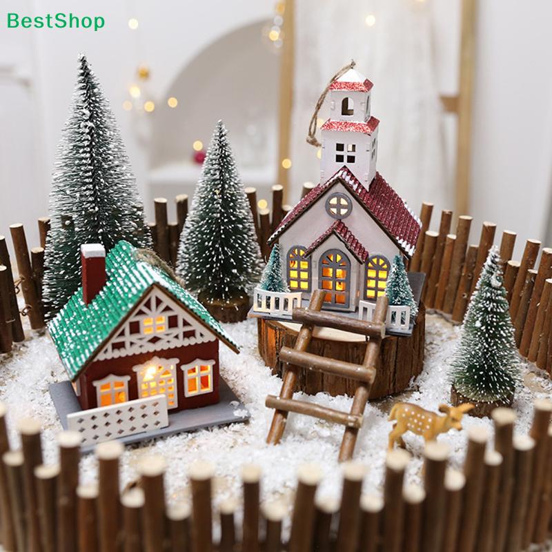 LED Lighted Wooden Christmas House Ornaments Set | Mini Festive Cottage Decorations with Snow & Santa Details
