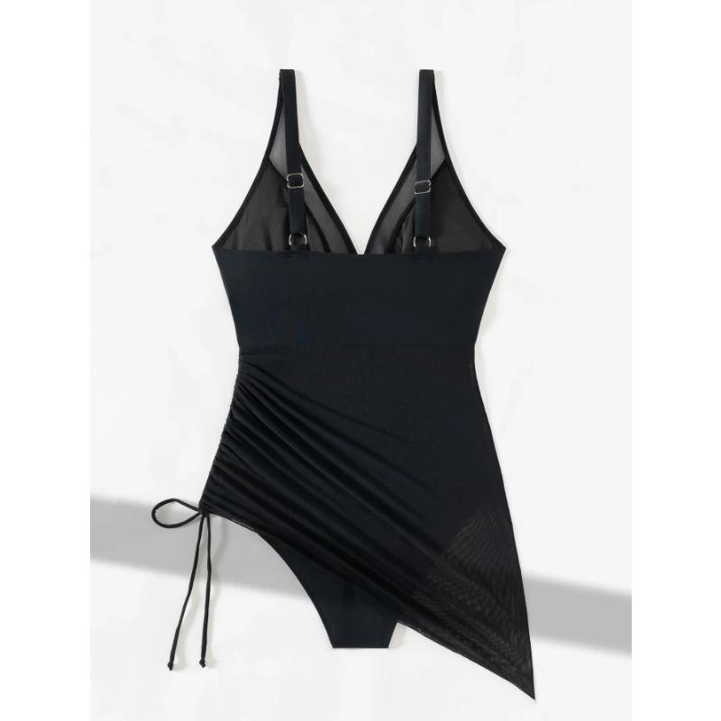 Vintage Women's Swimsuit Large Size Black Deep V Neck Mesh Patchwork Drawstring Side One Piece Swimwear Beach Bathing Suit 2026
